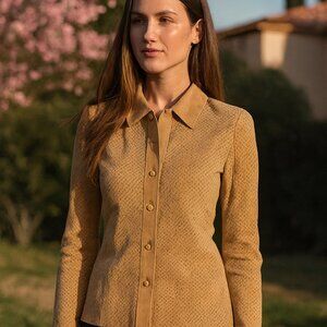 Lord & Taylor Women PXS EYELET Tan Suede Leather Button Casual Boho Jacket Y2K